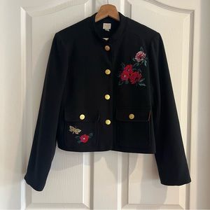 A New Day Women’s Floral Black Cropped Jacket Military Blazer Gold Buttons Sz 6